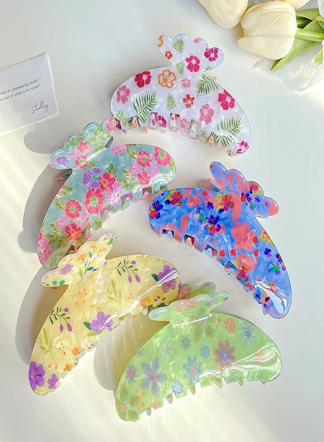 Ynxee 4.3" Floral Pattern Print Large Vintage Hair Claw Clip Non-Slip Shell French Style Hair Accessories for Women Girls Thick Hair, Floral Light Yellow - Image 3